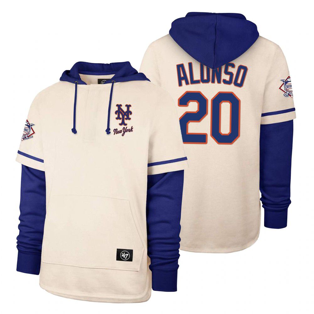 Men New York Mets #20 Alonso Cream 2021 Pullover Hoodie MLB Jersey